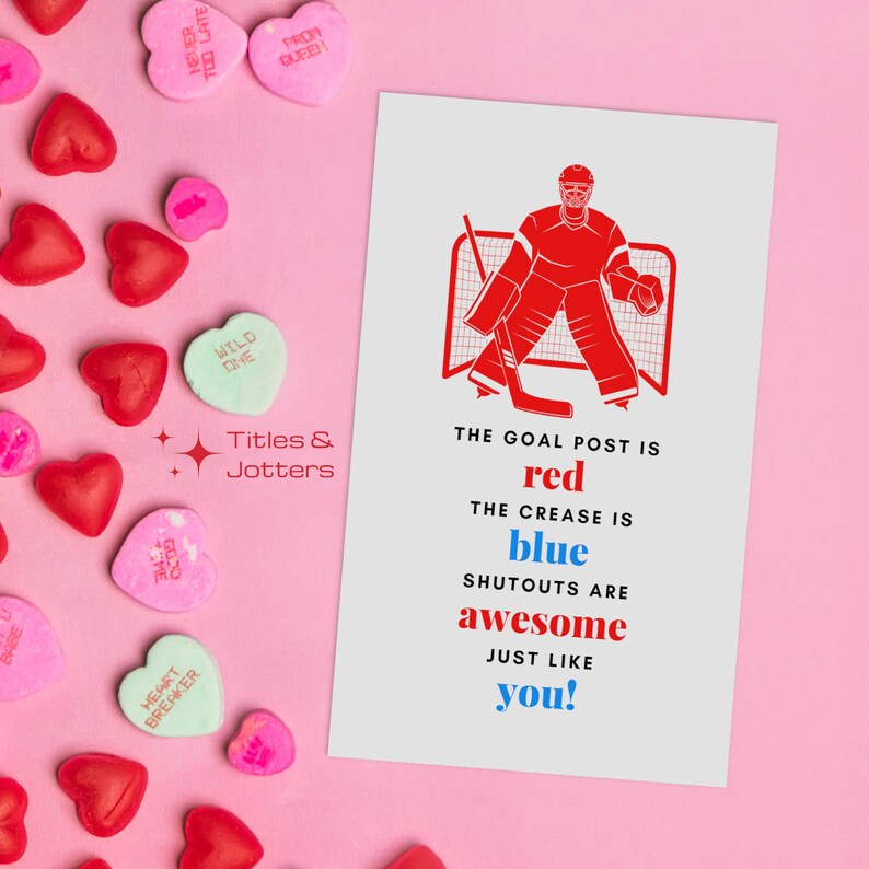 Image is a set of 3x5 hockey valentines day cards. The graphics are hockey related and in blue and red. The text has a hockey themed greeting and the text is also in blue and red. By Titles and Jotters