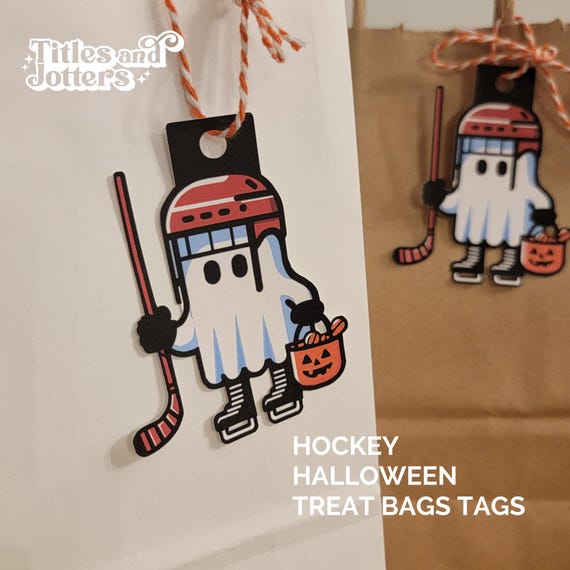 Hockey Halloween Treat Bag Tags: Hat Trick or Treat Party Favors