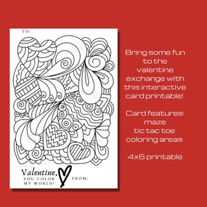 Image of a 4x6 valentine featuring a heart filled image for your valentine to color.  Valentine is primarily black and white. Image background is solid red. By Titles and Jotters.