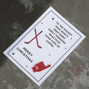 Tarjeta de Navidad imprimible para mamá de hockey, café y hockey, tarjeta para mamá billete, tarjeta de Navidad de hockey, descarga digital tarjeta plana 5x7