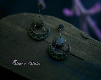 Gothic Crescent Moon Earrings with Black Chains - Handmade