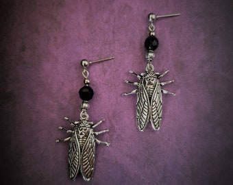 Vintage-Inspired Cicada Earrings - Intricate Silver Toned Design with Black Faceted Glass Bead - One-of-a-Kind Accessory
