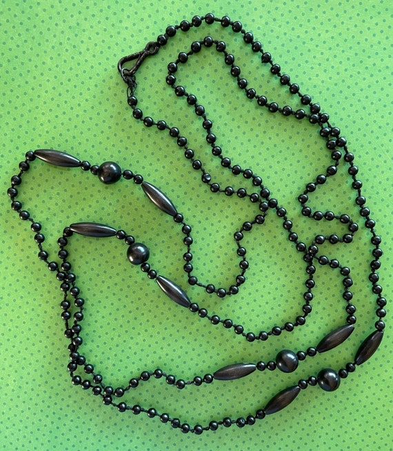 Vintage, long, black glass bead and early plastic… - image 1