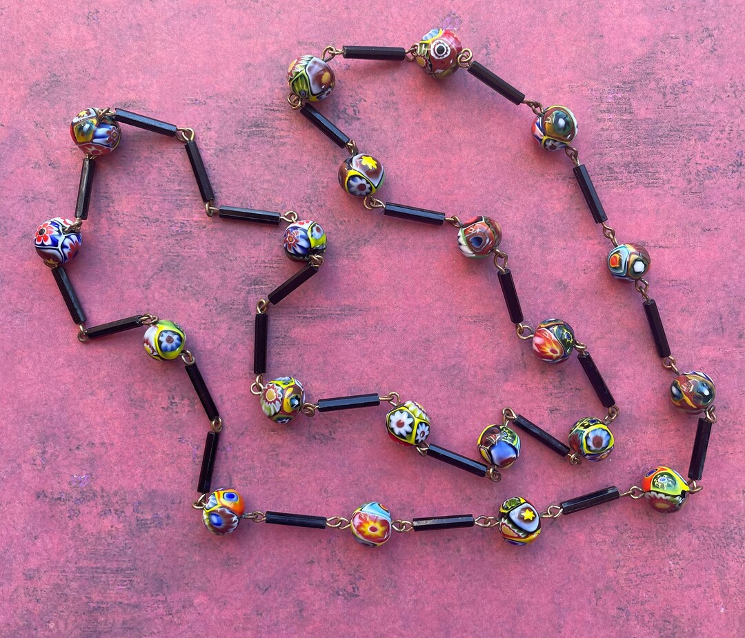 Millefiori Art Deco, Beads on Chain With Faceted Jet Black