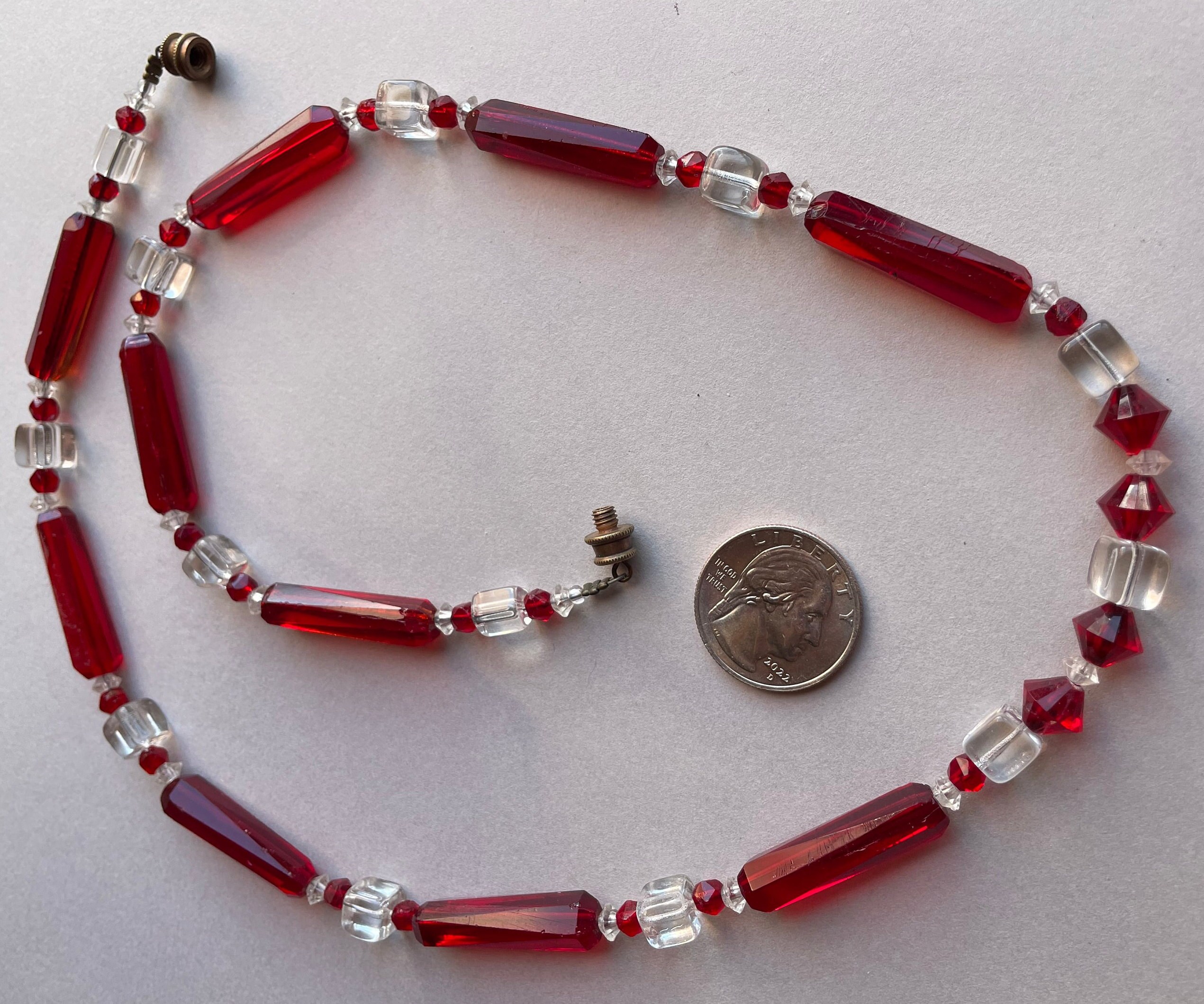 Art Deco Glass Bead Necklace. Long Red Glass With Clear Etsy