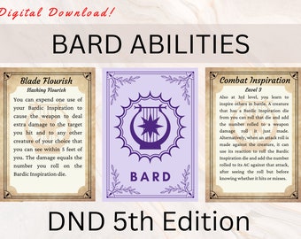 Carte Abilità del Bardo / Carte Abilità DnD / Bardo DnD / Carte Libro degli Incantesimi DnD / Carte Azione DnD / Accessorio Giocatore Dnd / Incantesimo del Bardo