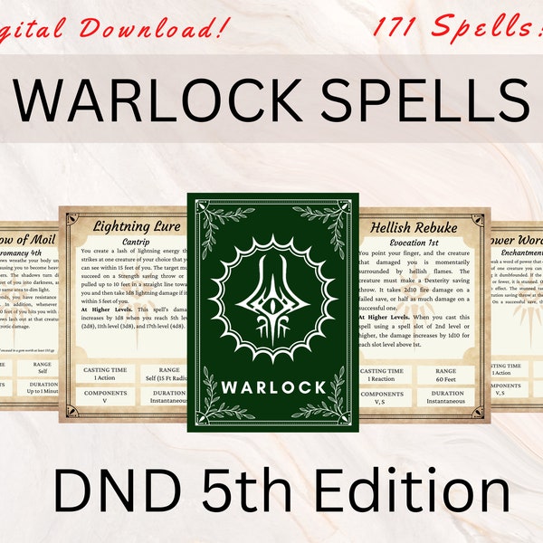 Warlock DnD Spell Cards | DnD Spellbook | DnD Spellbook Cards | Dnd Player accessory | Instant Download | Warlock | Dungeon and Dragons 5e