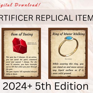 Puede incluir: Dos cartas imprimibles para un juego de Dungeons and Dragons. La carta de la izquierda es para una "Gema de la visión" y muestra una gema roja. La carta de la derecha es para un "Anillo de caminar sobre el agua" y muestra un anillo de oro con una gema azul. Ambas cartas tienen texto que describe las habilidades del objeto.