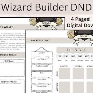 May include: A printable Dungeons and Dragons character sheet for creating a wizard character. The sheet includes sections for character name, background, lifestyle, childhood, hobbies and skills, gender, age, weight and height, hair, eyes and face, tattoos and scars, and allies and families.