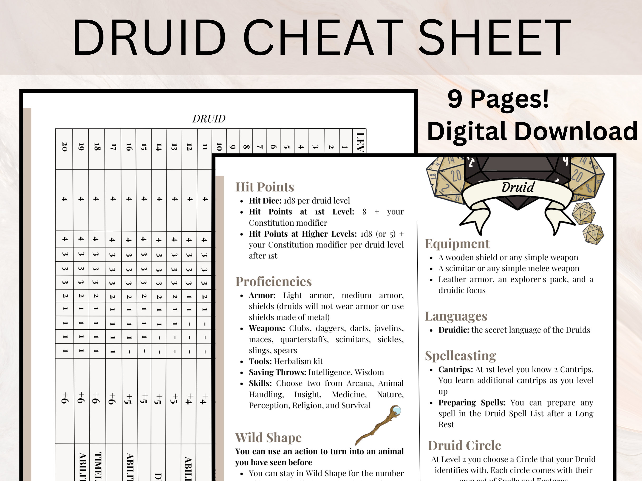 Druid Cheat Sheet Druid Quick Reference Guide Dnd Cheat Etsy