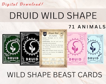 Druid Wild Shapes Cards DnD 5e | Wild Shape | 71 Beast Transformations | Druid Spell Cards | Digital Download | Druid DnD | Wild Shape