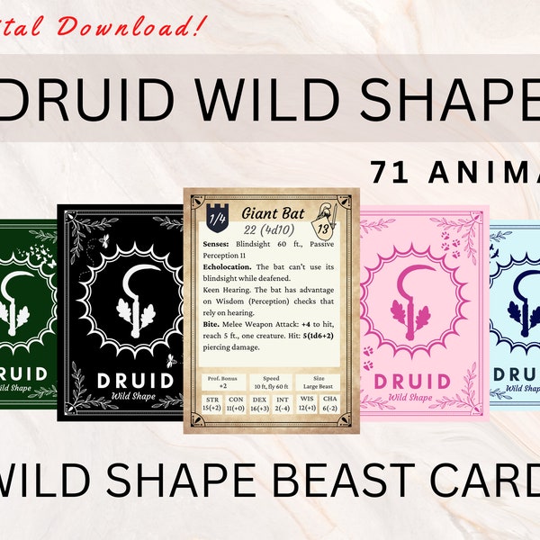 Tarjetas de formas salvajes de druida DnD 5e / Forma salvaje / 71 transformaciones de bestias / Tarjetas de hechizos de druida / Descarga digital / Druida DnD / Forma salvaje