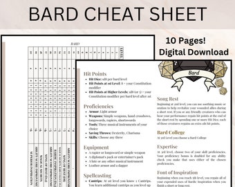 Guía de referencia rápida para el bardo / Guía de referencia para el bardo / Guía de referencia para DnD / Guía de referencia para el bardo de 10 páginas / Mazmorras y dragones / Ayudante del bardo