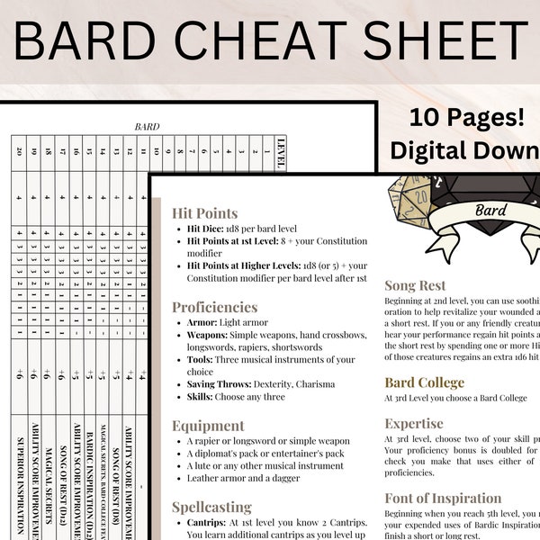 Bard Cheat Sheet | Bard Quick Reference Guide | DnD Cheat Sheet | 10 Page Bard Cheat Sheet | Dungeons and Dragons | Bard Helper