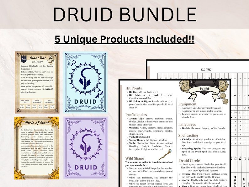 DRUID BUNDLE Dnd Druid Pack Druid Spell Cards Wild Shape Etsy