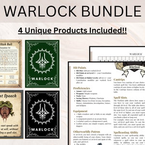 May include: A printable set of four warlock character sheets for Dungeons and Dragons. The sheets feature a black and green design with a stylized eye symbol. The sheets include information on hit points, proficiencies, equipment, cantrips, spell slots, and spellcasting ability.
