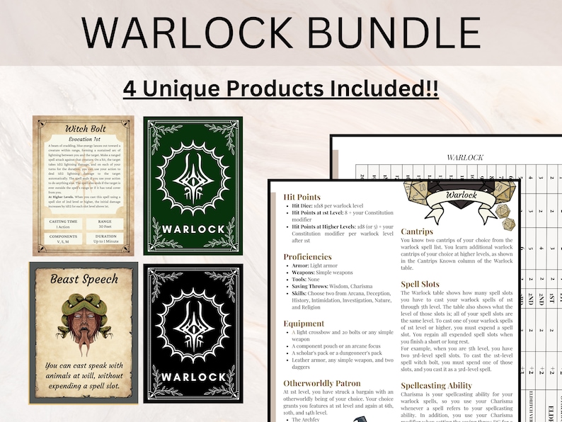 WARLOCK BUNDLE Dnd Warlock Pack Warlock Spell Cards Etsy