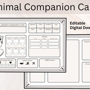 Dierlijke metgezelkaart | Karakterblad | Dierlijk karakterblad | Dnd | Beast Companion-kaart | NPC Companion-kaart | Digitaal downloaden