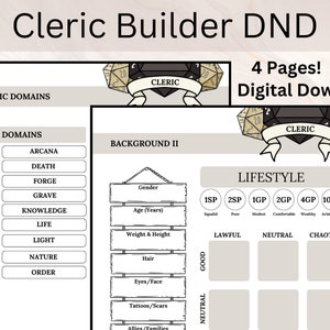 Puede incluir: Una hoja de personaje de Dungeons and Dragons imprimible para un clérigo. La hoja incluye secciones para dominios, antecedentes, estilo de vida y alineación. La hoja está diseñada para ser impresa en papel tamaño A4.