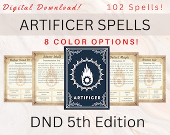 Artificer DnD Spell Cards | DnD Spellbook | DnD Spellbook Cards | Dnd Player accessory | Artificer Spells | Dungeon and Dragons 5e