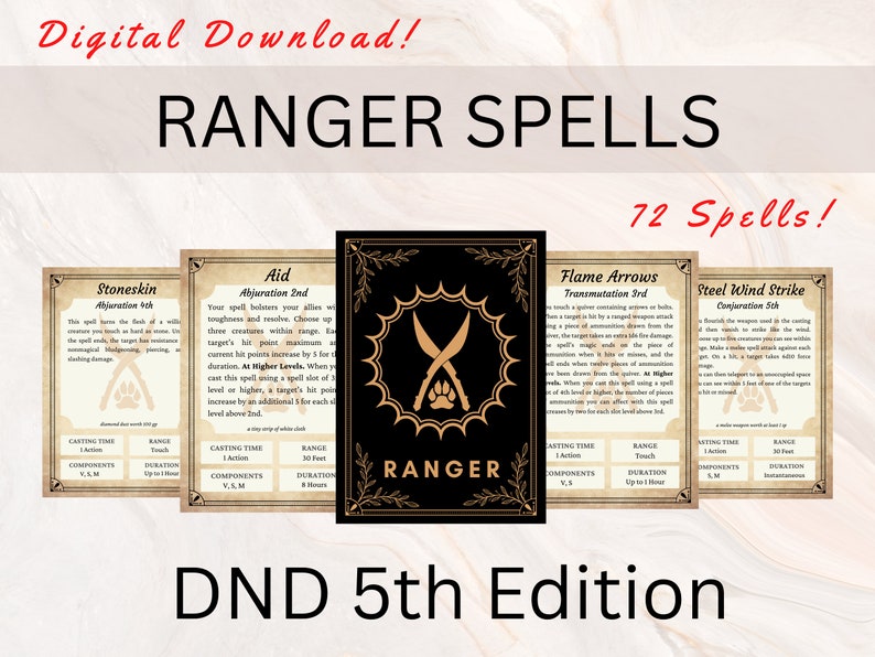 Carte incantesimo DnD Ranger / Libro degli incantesimi DnD / Carte libro degli incantesimi DnD / Accessorio giocatore Dnd / Download istantaneo / dnd Ranger/ Dungeon and Dragons 5e immagine 1