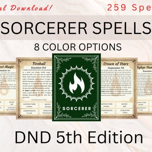 Sorcerer DnD Zauberkarten | D&D Zauberbuch | DnD Zauberbuch Karten | D&D Player Zubehör | Sofort Download | Zauberer | Dungeon und Drachen 5e