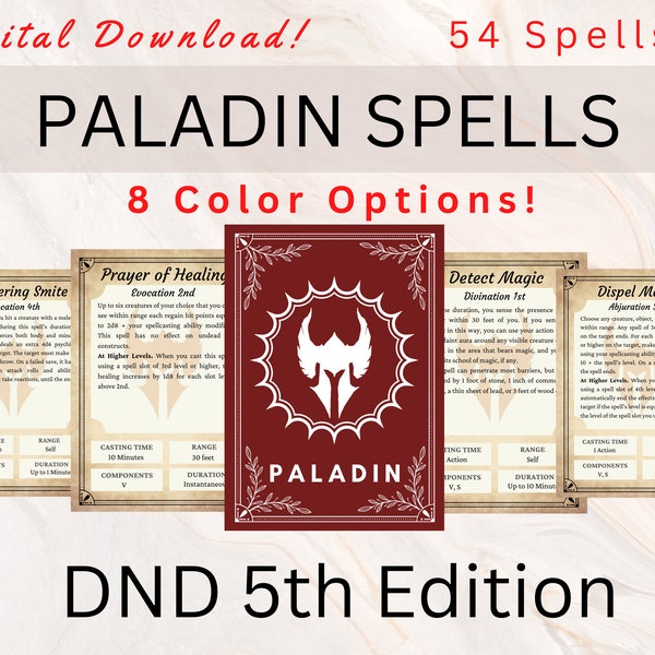 Paladin DnD Spell-kaarten | DnD-spreukenboek | DnD Spellbook-kaarten | Paladin DnD | Direct downloaden | Paladijnse spreuken | Kerker en Draken 5e
