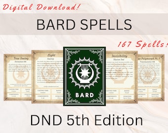 Può includere: Un download digitale per 167 incantesimi di Bardo per Dungeons and Dragons 5a edizione. L'immagine mostra quattro carte di incantesimi con uno sfondo verde che presenta una lira e la parola "Bardo". Le carte di incantesimi sono per True Seeing, Light, Invisibility e True Polymorph.