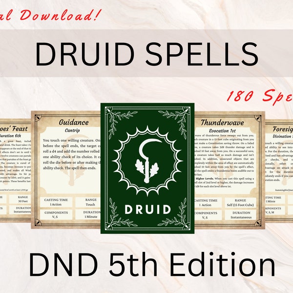 Druid DnD Spell Cards | DnD Spellbook | DnD Spellbook Cards | Dnd Player accessory | Instant Download | 180 Spells | Dungeon and Dragons 5e