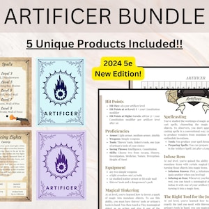 May include: A digital product bundle for the Dungeons and Dragons tabletop role-playing game. The bundle includes five unique products for the Artificer class, including spells, cantrips, and class features. The products are designed for the 2024 5e edition of the game.
