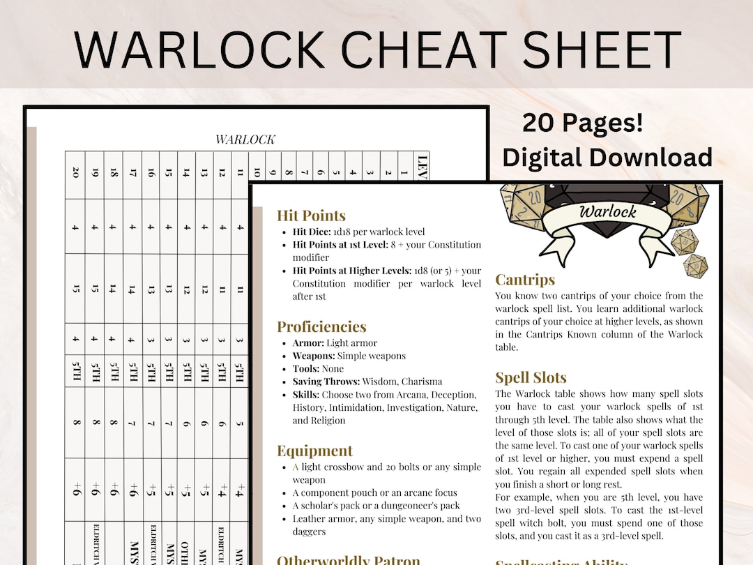 Warlock Cheat Sheet Warlock Quick Reference Guide Dnd Cheat Sheet 20