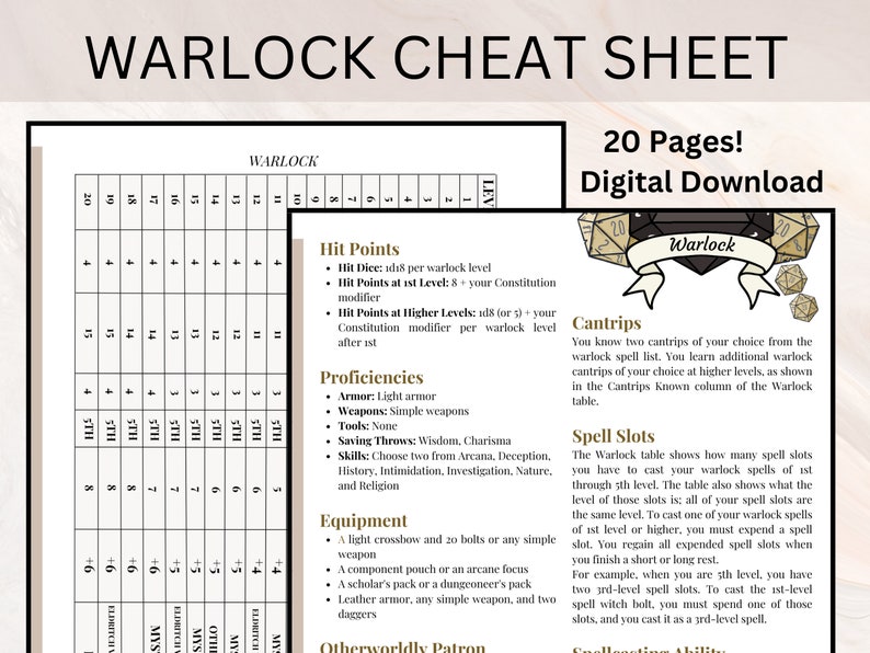 Warlock Cheat Sheet Warlock Quick Reference Guide DnD Cheat Sheet 20 Page Warlock Cheat Sheet Warlock DnD Spellcasting DnD image 1