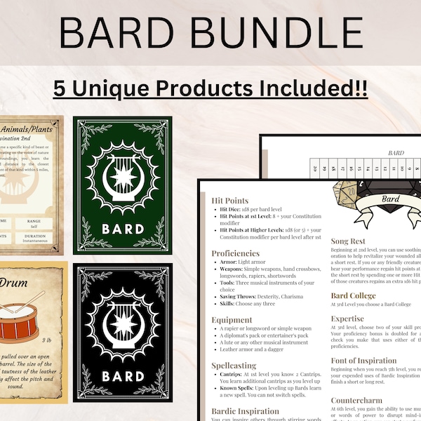 BARD BUNDEL | DnD Bard-pakket | Bard spreukkaarten | Bard-instrumenten | Vaardigheidskaarten | Bard-spiekbriefje | Dungeons and Dragon Bard-pakket