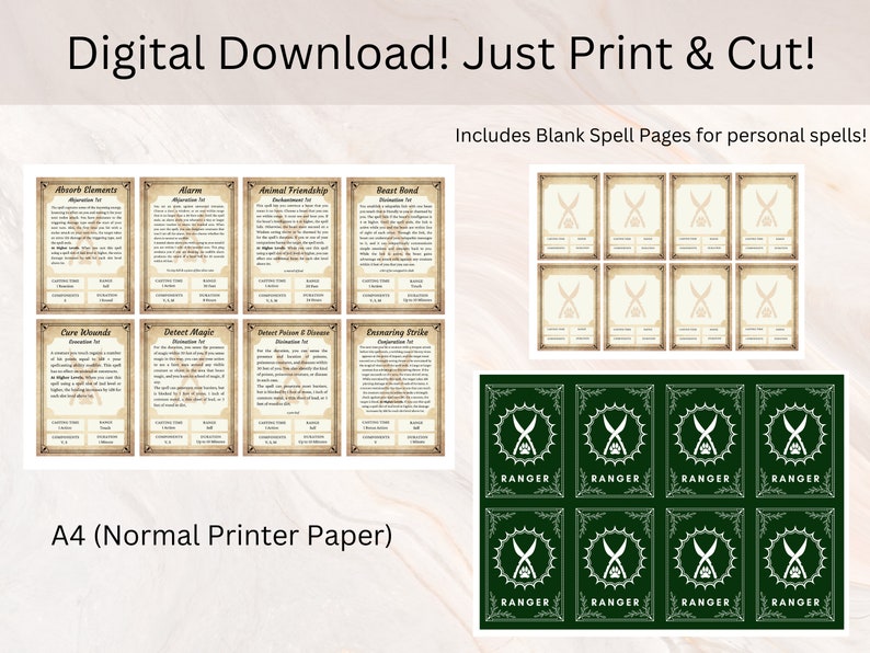 Carte incantesimo DnD Ranger / Libro degli incantesimi DnD / Carte libro degli incantesimi DnD / Accessorio giocatore Dnd / Download istantaneo / dnd Ranger/ Dungeon and Dragons 5e immagine 4