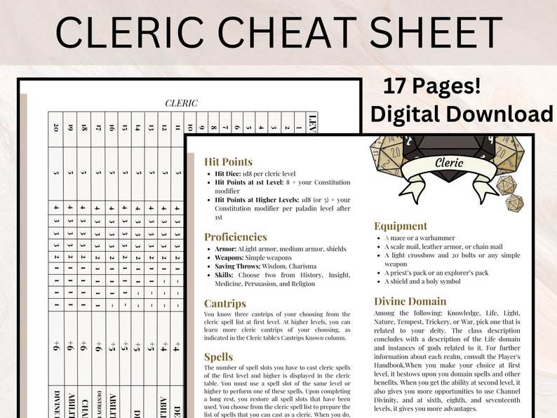 Cleric Cheat Sheet Cleric Quick Referece Guide Dnd Cheat - Etsy
