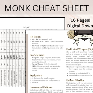 Mönch Spickzettel | Monk Kurzanleitung | D&D Spickzettel | Monk D&D Spieler | Geschenke für Mönch | Mönch D&D | Mönch DnD | Mönch | Weg der