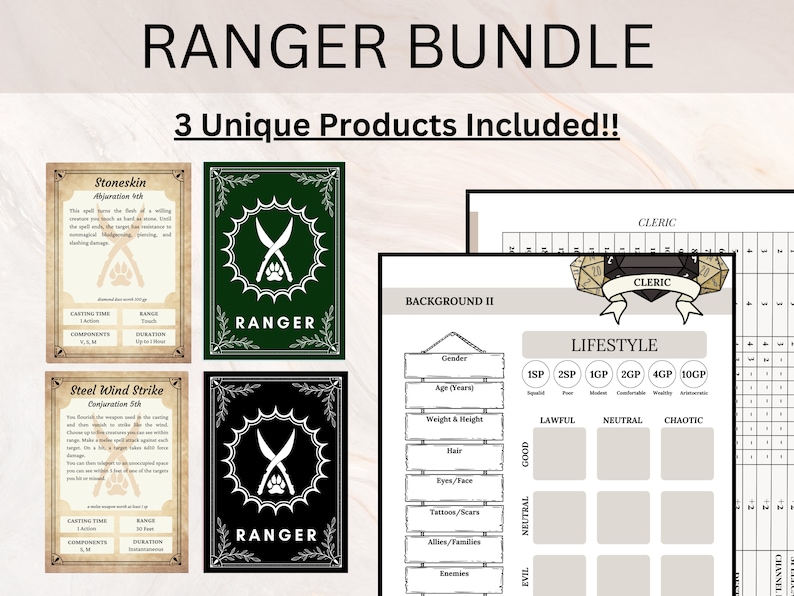 RANGER BUNDLE Dnd Ranger Pack Ranger Spell Cards Ranger Cheat Sheet