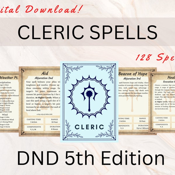 Cleric DnD Spell Cards | DnD Spellbook | DnD Spellbook Cards | Cleric DnD | Instant Download | Cleric Spells | Dungeon and Dragons 5e