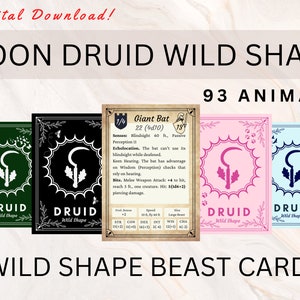 Cartões selvagens das formas do Druida da lua DnD 5e | Forma Selvagem | 93 Transformações de Besta | Cartas de Feitiço de Druida | Druida da Lua | Druida DnD | Forma Selvagem