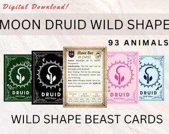 Moon Druide Wild Shapes Karten DnD 5e | Wilde Form | 93 Bestienverwandlungen | Druidenzauberkarten | Monddruide | Druide DnD | Wilde Form