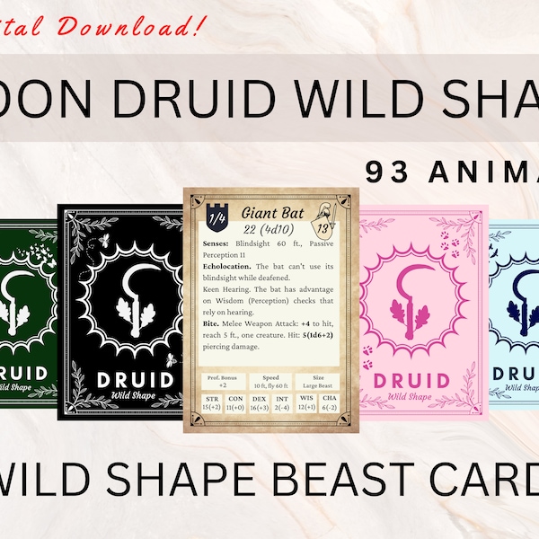 Moon Druid Wild Shapes Cards DnD 5e | Wild Shape | 93 Beast Transformations | Druid Spell Cards | Moon Druid | Druid DnD | Wild Shape