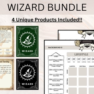 May include: A printable bundle of four wizard-themed Dungeons and Dragons character sheets. The sheets include a background, lifestyle, ritual casting, and psychic crush spell. The sheets are decorated with a black and white wizard logo.