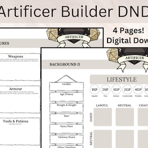 May include: A digital download for an Artificer Builder DND character sheet. The sheet includes sections for weapons, armor, tools, and lifestyle. The text "4 Pages! Digital Download" is visible.