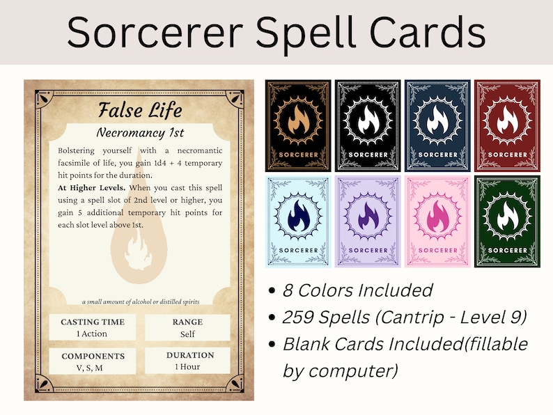SORCERER BUNDLE Dnd Sorcerer Pack Sorcerer Spell Cards Sorcerer Cheat