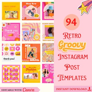 Retro Groovy Instagram Post Templates Canva,Retro Bright Instagram Template Posts,Groovy Instagram Feed Branding,Pink Orange Canva Design