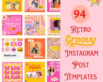 May include: A collection of 94 retro groovy Instagram post templates. The templates feature a variety of colors, patterns, and fonts. The templates are editable with Canva and can be used to create eye-catching social media posts.
