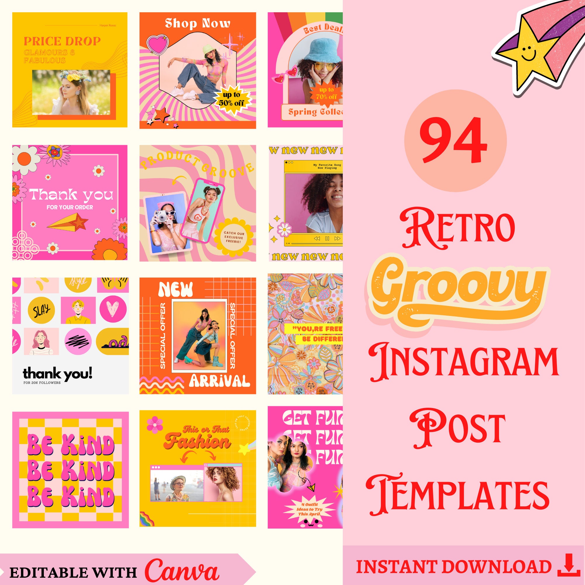 Retro Groovy Instagram Post Templates Canva,retro Bright Instagram ...