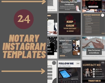 May include: A set of 24 customizable Instagram templates for notaries. The templates feature a variety of designs, including images of scales of justice, a notary stamp, and a notary signing a document. The templates are editable with Canva.