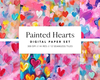 Digital Paper Set- Painted Hearts - SEAMLESS Backgrounds - 12 images in .PNG Files - Instant Download