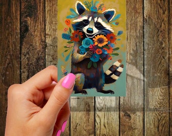 Raccoon Cute Sticker, Baby Raccoon Sticker, Floral Raccoon Sticker